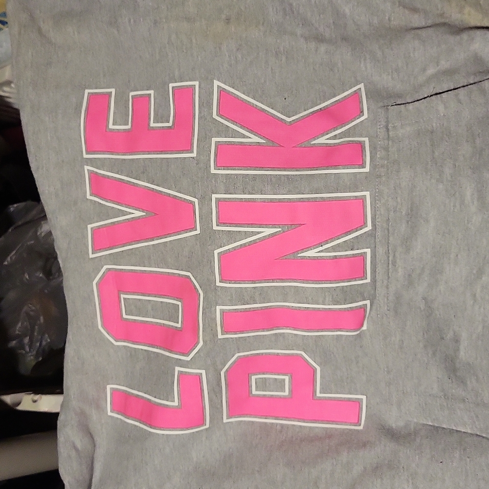 Pink Victoria Secret VS Hoodie Sz Medium Love Sweatshirt Pull over Gray hot pink